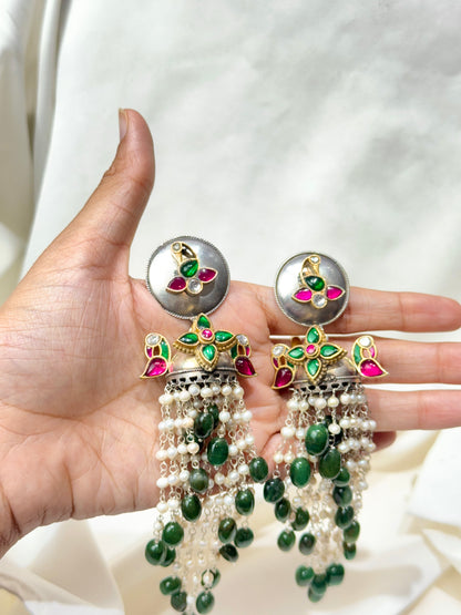 Anokhi Mayur Pearl&Green Aventurine Waterfall 92.5 Silver Earrings