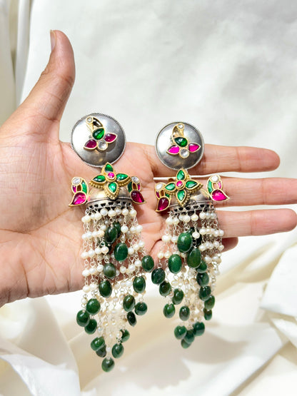 Anokhi Mayur Pearl&Green Aventurine Waterfall 92.5 Silver Earrings
