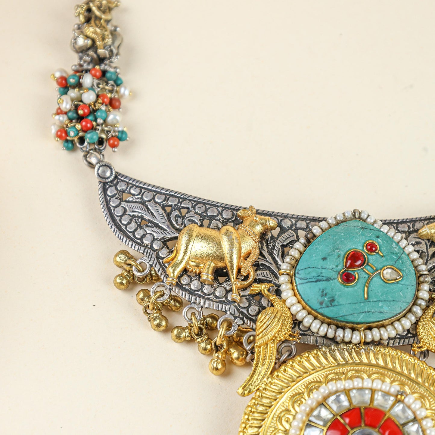 Anokhi Dual Tone Cow Motif And Kundan 925 Silver Necklace