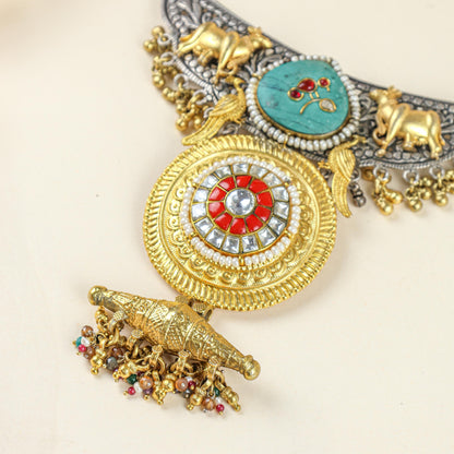 Anokhi Dual Tone Cow Motif And Kundan 925 Silver Necklace