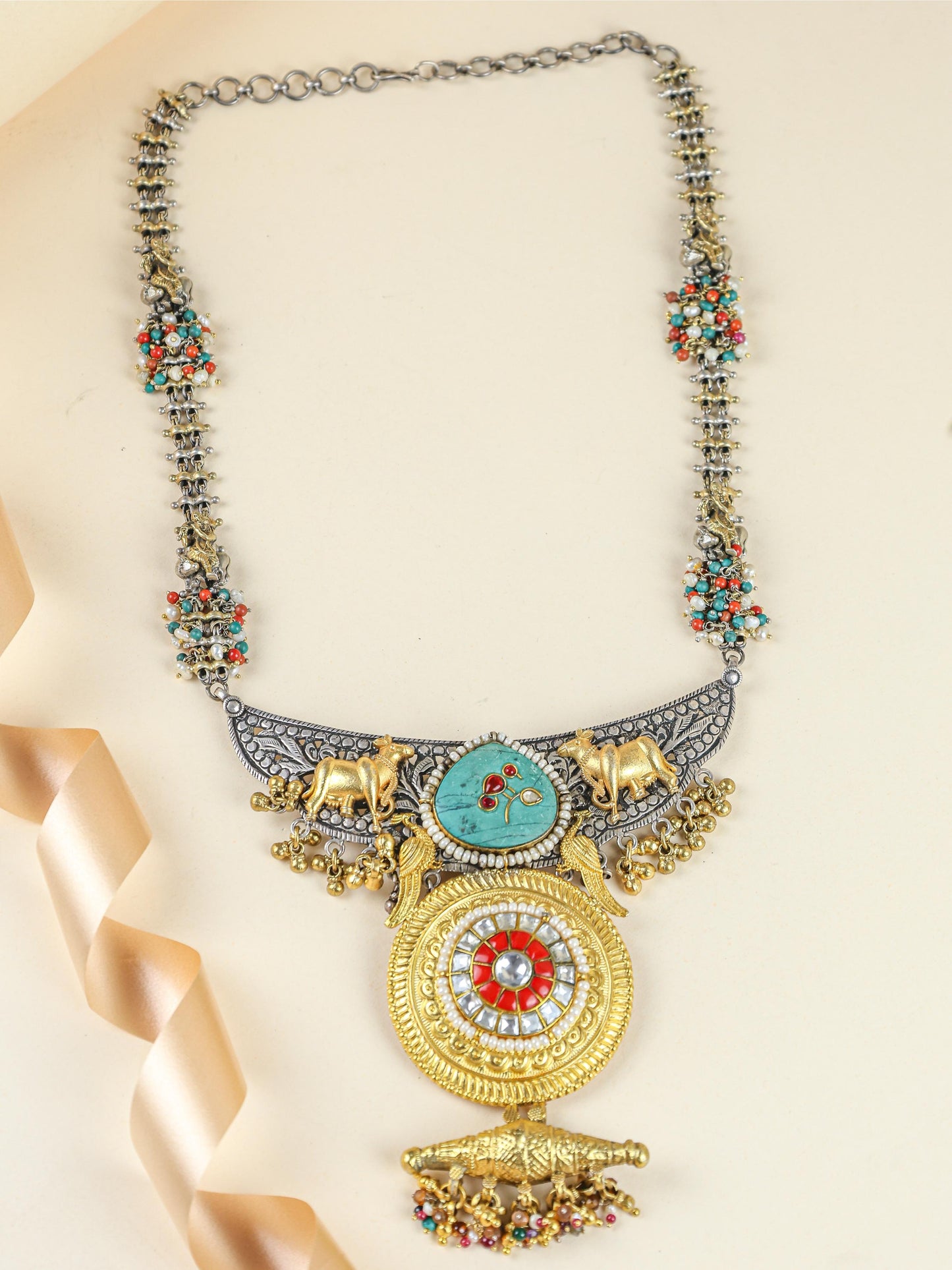 Anokhi Dual Tone Cow Motif And Kundan 925 Silver Necklace
