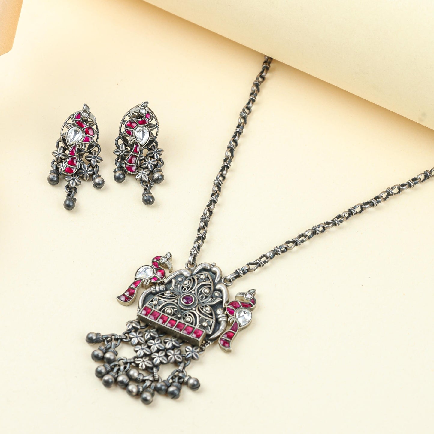 Anokhi Bird And Tabeej Motif 925 Silver Jhalar Necklace With Earrings