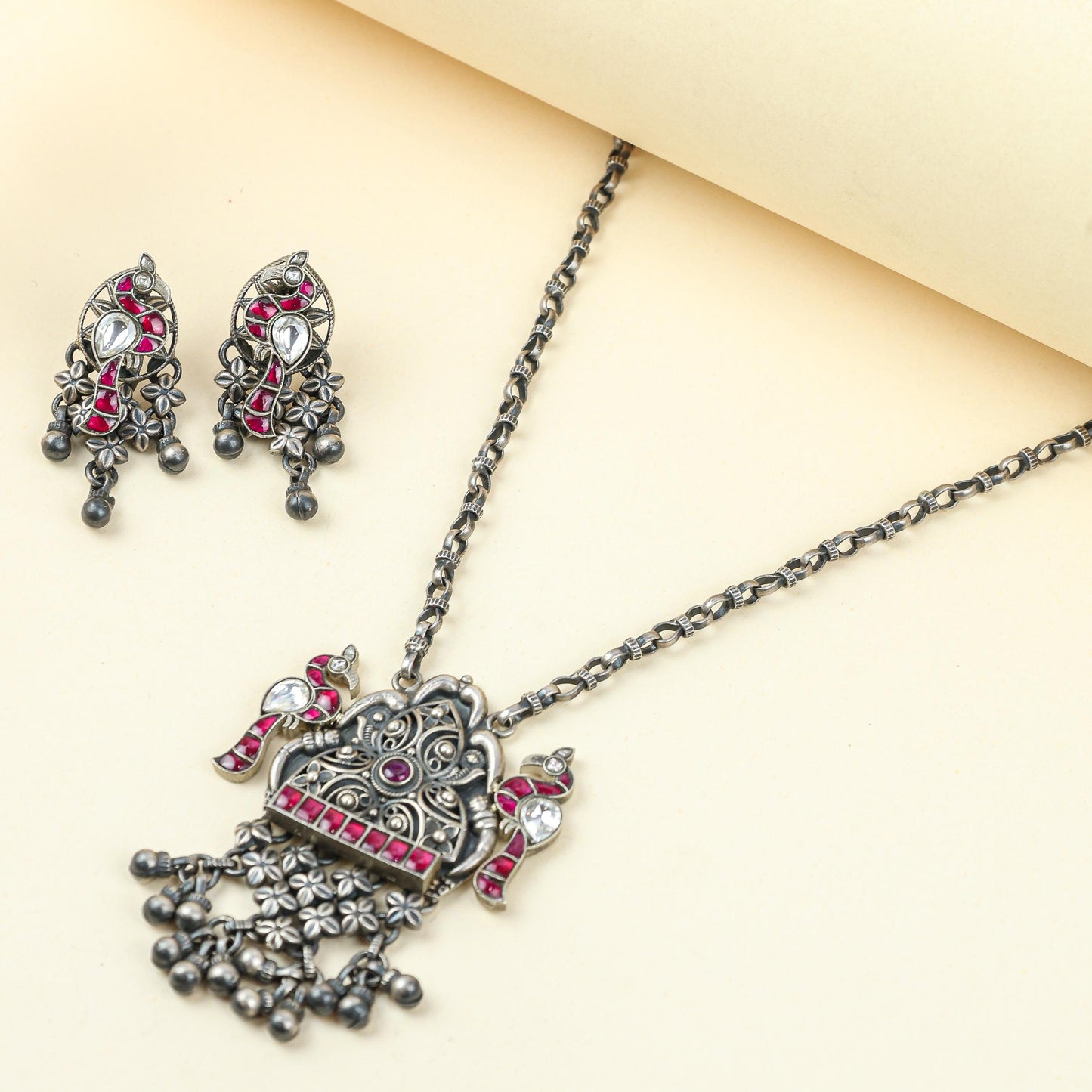 Anokhi Bird And Tabeej Motif 925 Silver Jhalar Necklace With Earrings