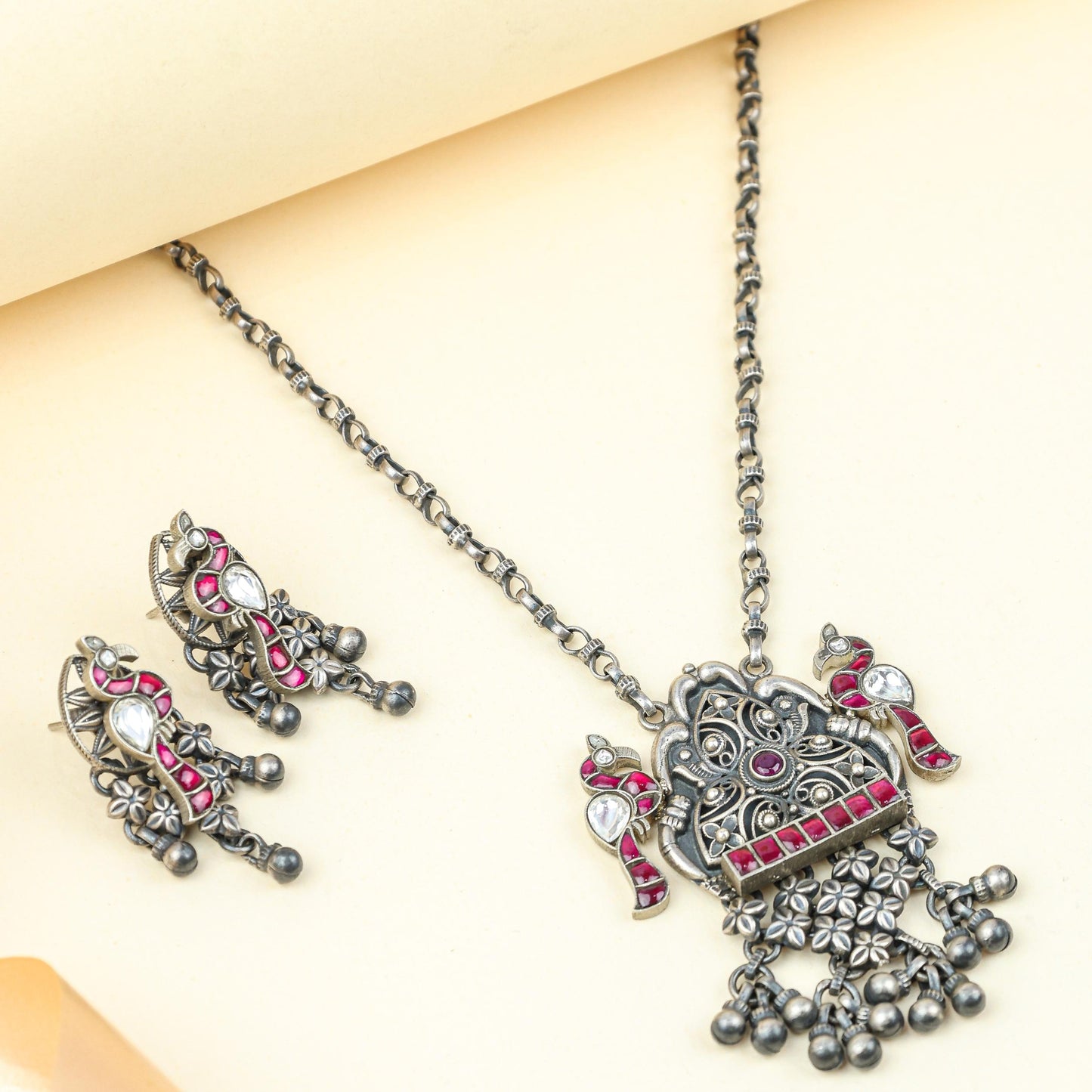 Anokhi Bird And Tabeej Motif 925 Silver Jhalar Necklace With Earrings