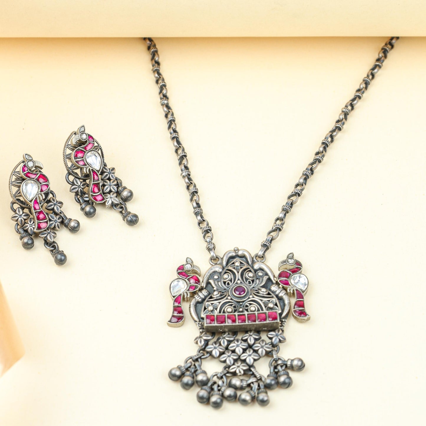 Anokhi Bird And Tabeej Motif 925 Silver Jhalar Necklace With Earrings