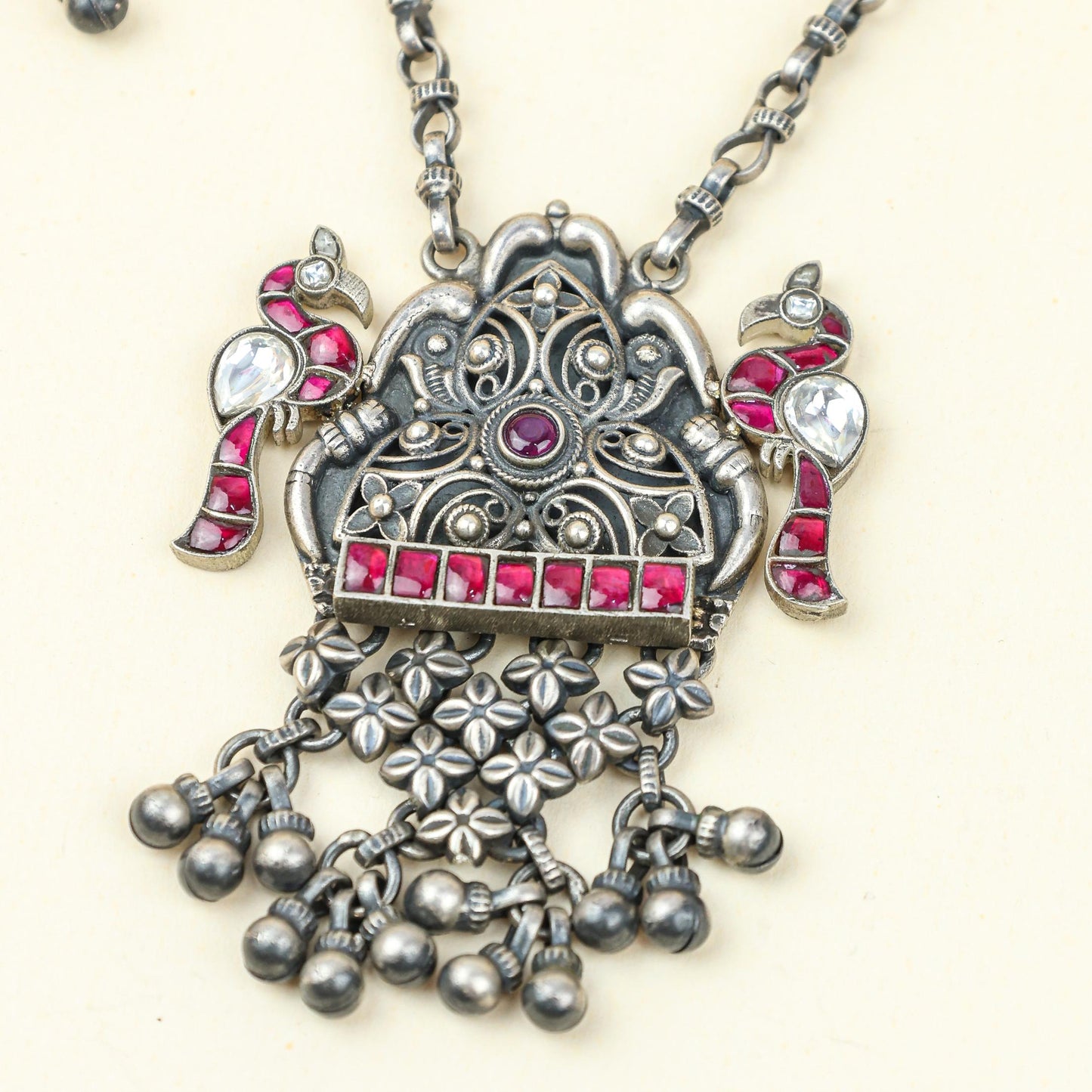 Anokhi Bird And Tabeej Motif 925 Silver Jhalar Necklace With Earrings