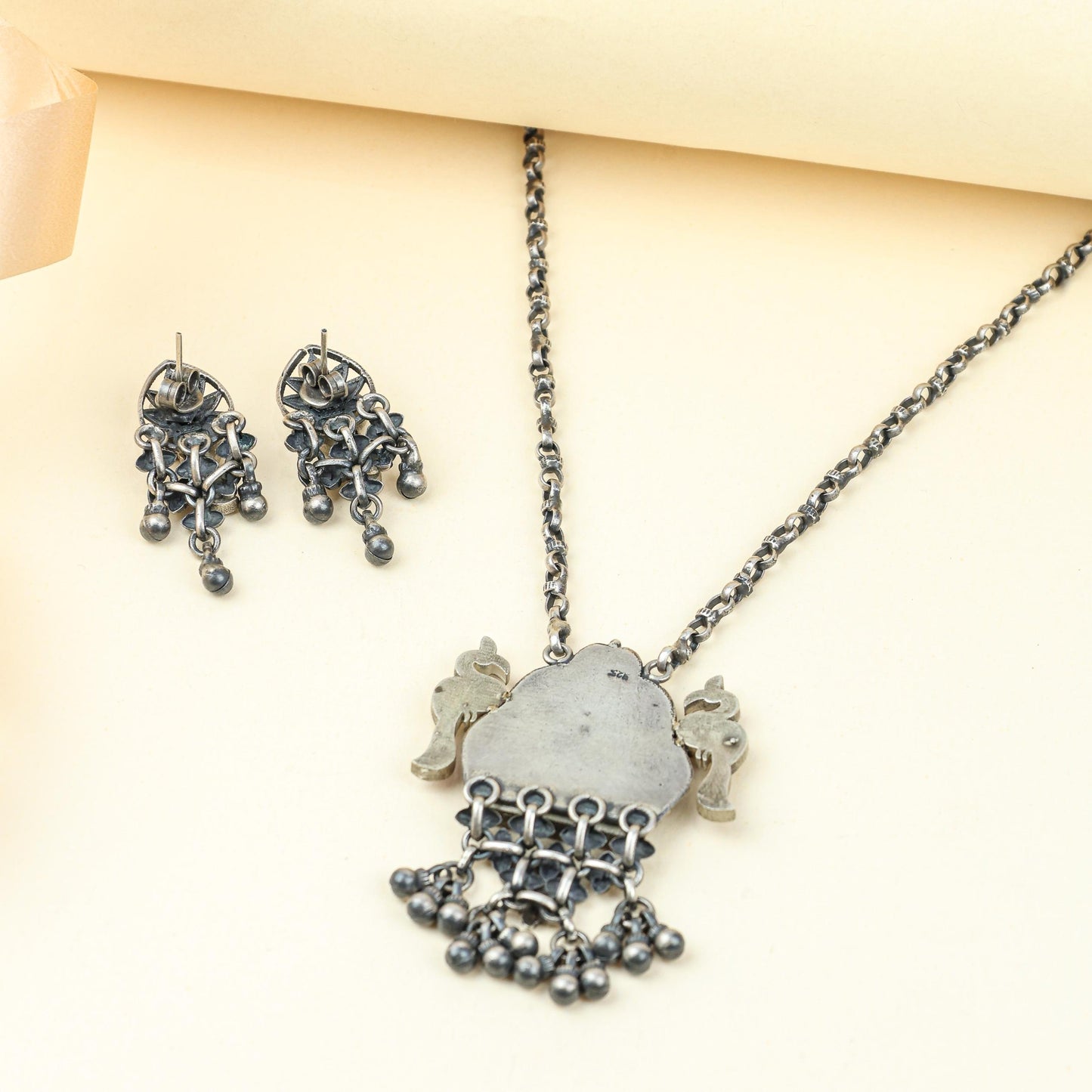 Anokhi Bird And Tabeej Motif 925 Silver Jhalar Necklace With Earrings