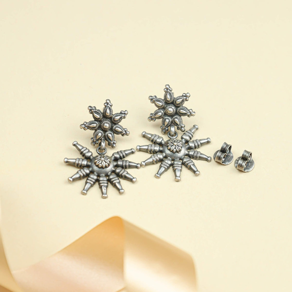 Tridha Tribal Floral Silver Earrings | 925 Silver Earrings
