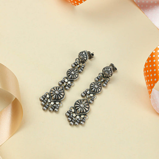 Tridha Floral Ghunghroo Silver Earrings | 92.5 Silver