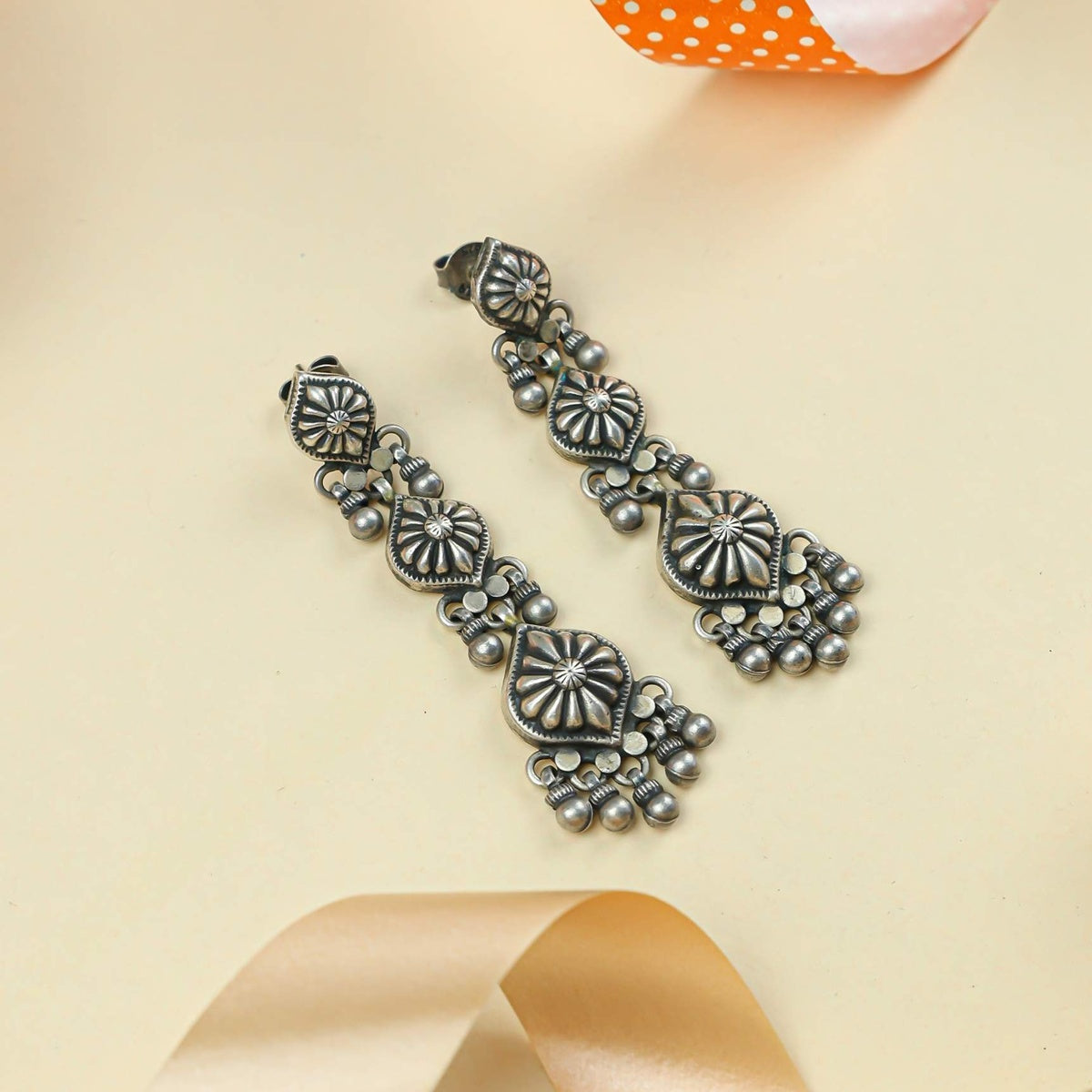 Tridha Floral Ghunghroo Silver Earrings | 92.5 Silver