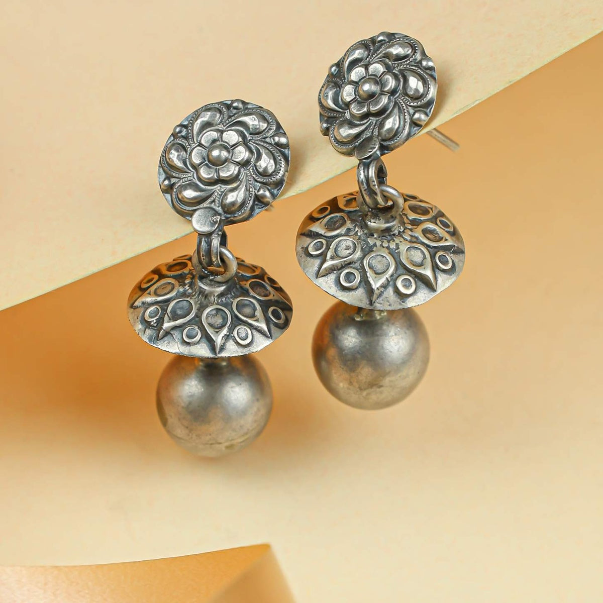 Tridha Floral Ball Bead Silver Earrings – 92.5