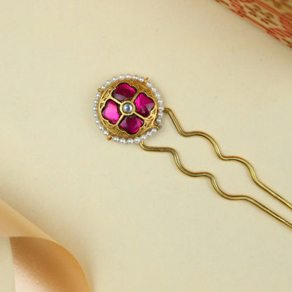 Anokhi Fusion Gold Polished Hairpin With Pearls Work