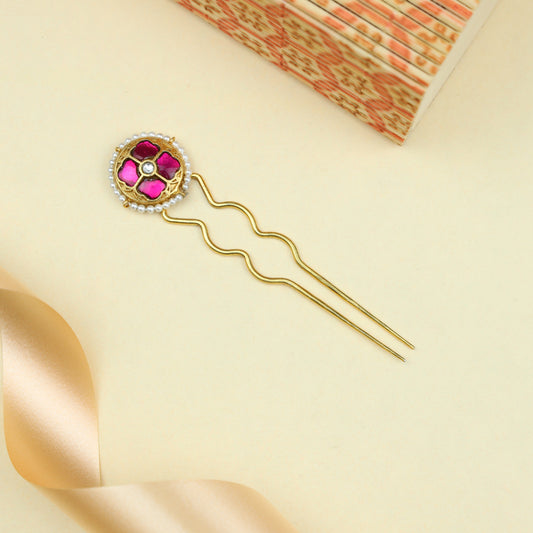 Anokhi Fusion Gold Polished Hairpin With Pearls Work