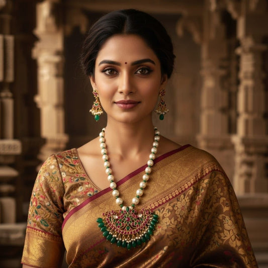 Tribal Tales Jaipuri Kundan Pearl Mala Pendant Necklace Set