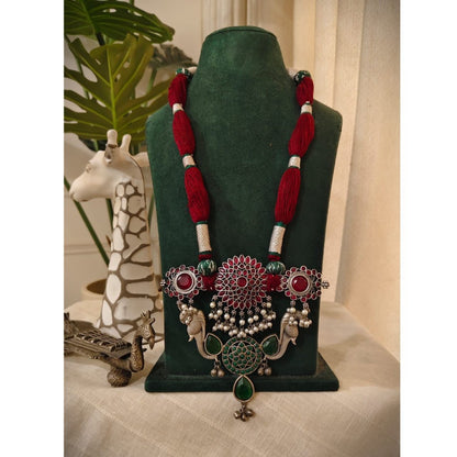Tribal Tales Stone Embedded Peacock Statement Pendant Long Necklace