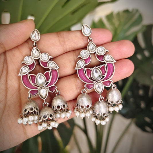 Tribal tales Pink Lotus Oxidized Kundan Jhumka Earrings