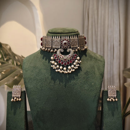 Tribal Tales Maroon Stone Oxidized Choker Set