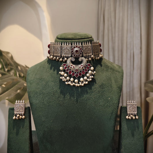 Tribal Tales Maroon Stone Oxidized Choker Set