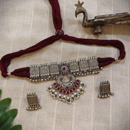 Tribal Tales Maroon Stone Oxidized Choker Set