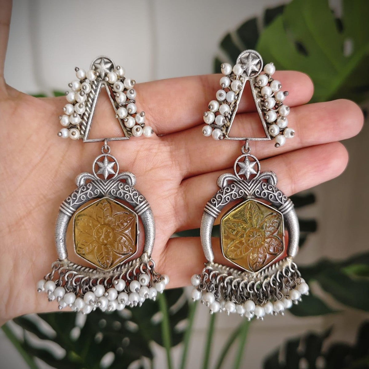 Tribal Tales Oxidized Stone and Pearl Dangle Earrings