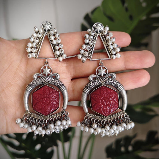 Tribal Tales Oxidized Stone and Pearl Dangle Earrings