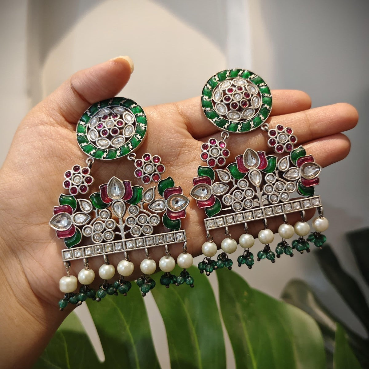 Tribal Tales Pink Green Kundan Statement Dangler Earrings