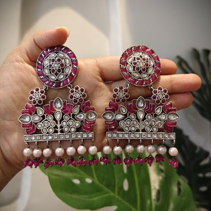 Tribal Tales Pink Green Kundan Statement Dangler Earrings