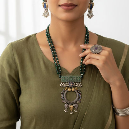 Tribal Tales Oxidized Kundan Dori Mala Necklace Set