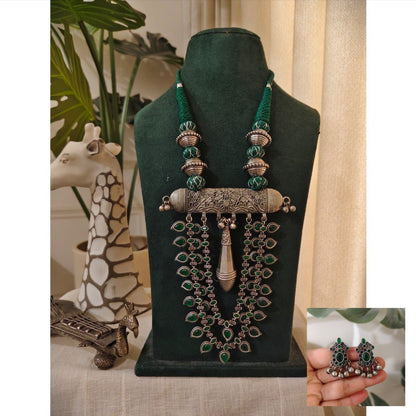 Tribal Tales Big German Silver Oxidized Gemstone Pendant Necklace Set