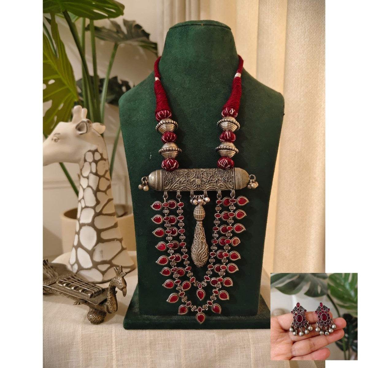 Tribal Tales Big German Silver Oxidized Gemstone Pendant Necklace Set
