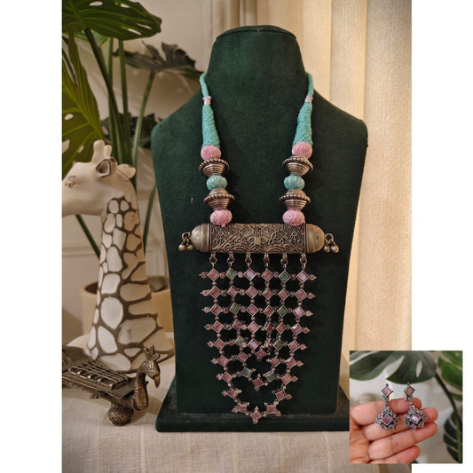 Tribal Tales Big German Silver Oxidized Gemstone Pendant Necklace Set