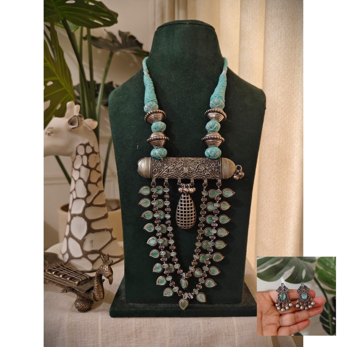 Tribal Tales Big German Silver Oxidized Gemstone Pendant Necklace Set