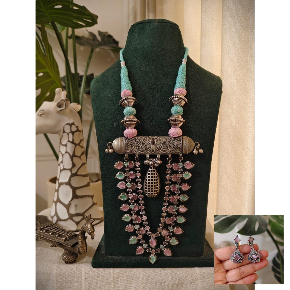 Tribal Tales Big German Silver Oxidized Gemstone Pendant Necklace Set