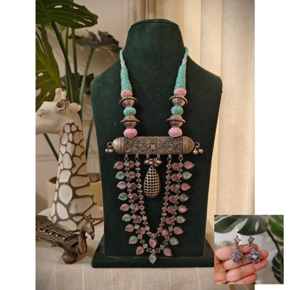 Tribal Tales Big German Silver Oxidized Gemstone Pendant Necklace Set