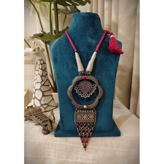 Tribal Tales Rajasthani Oxidized Silver Necklace with Pink Stones