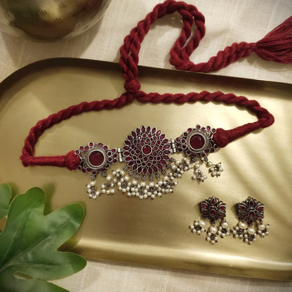 Peora Oxidised Silver Plated Choker Set