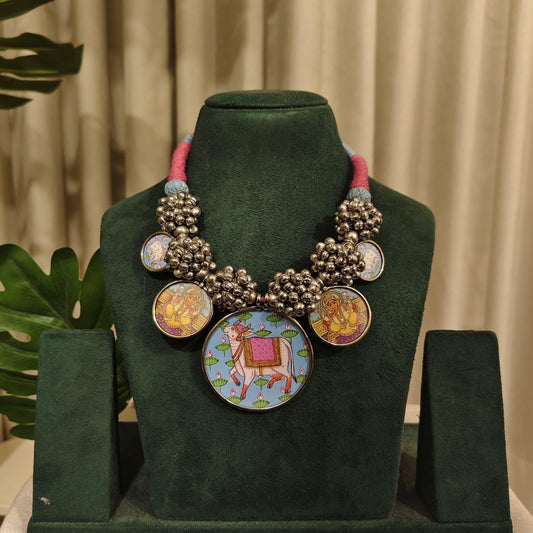 Tribal Tales Handcrafted Pichwai Miniature Art Necklace with Ghungroo