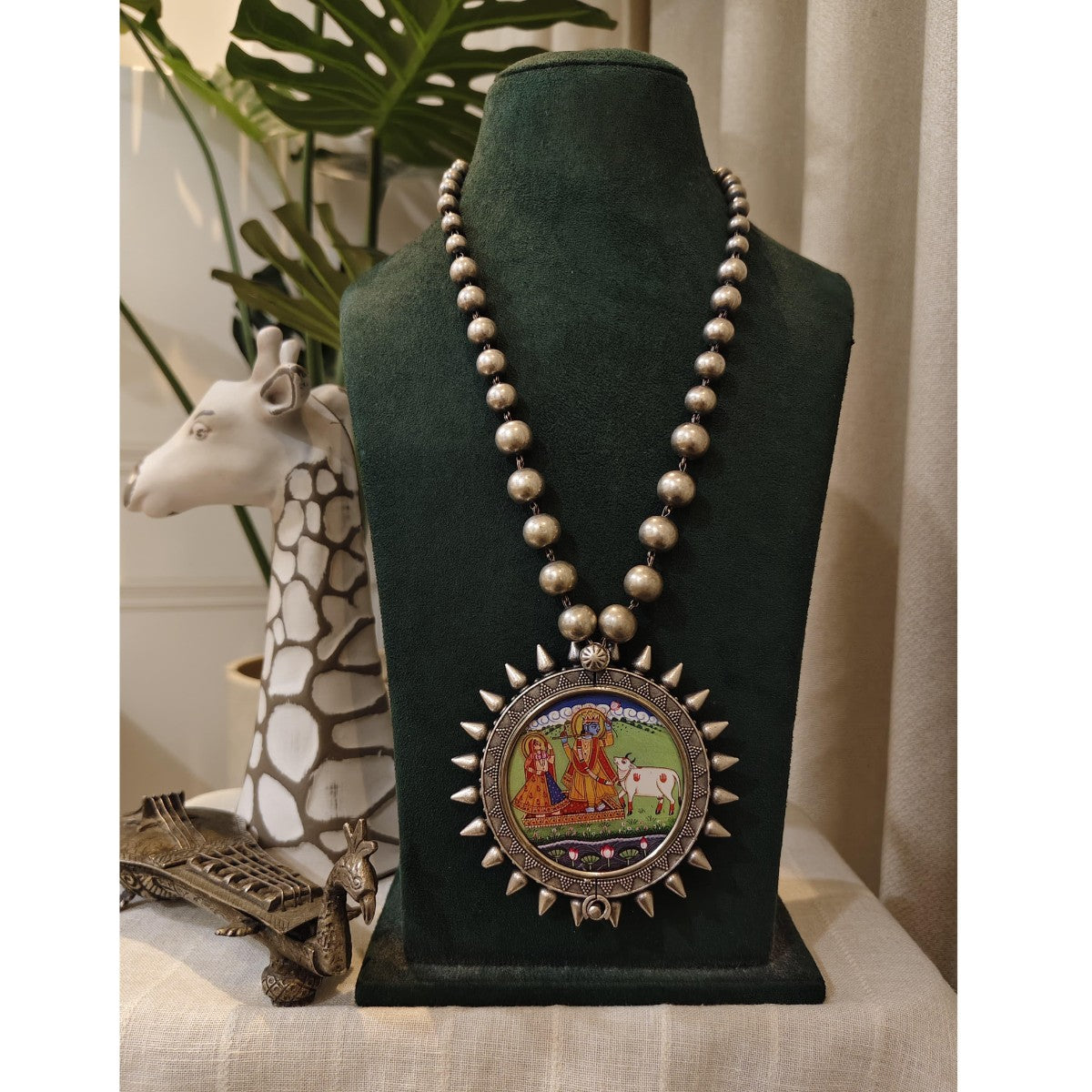 Tribal Tales Oxidized Silver Beads Necklace with painted Pendant