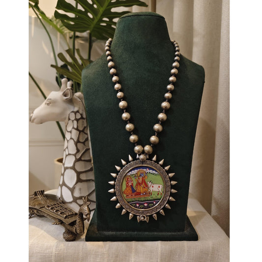 Tribal Tales Oxidized Silver Beads Necklace with painted Pendant
