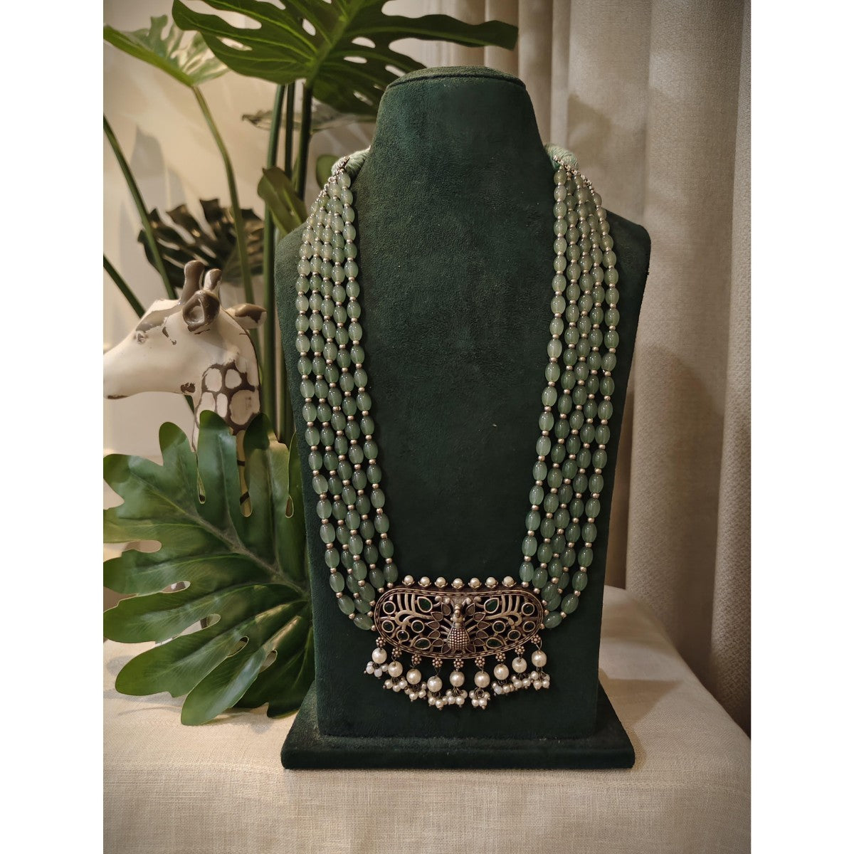 Tribal tales Multilayer Green Beads Necklace Peacock Pendant and Pearl Fringe