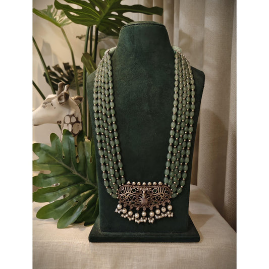 Tribal tales Multilayer Green Beads Necklace Peacock Pendant and Pearl Fringe
