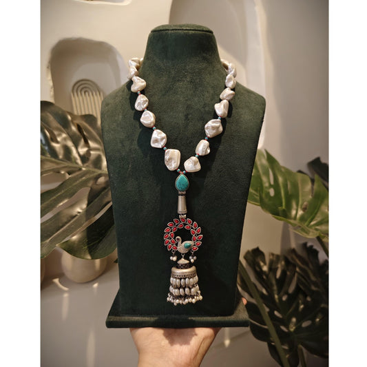 Tribal Tales Peacock Firoza Coral Pearl Beads Necklace