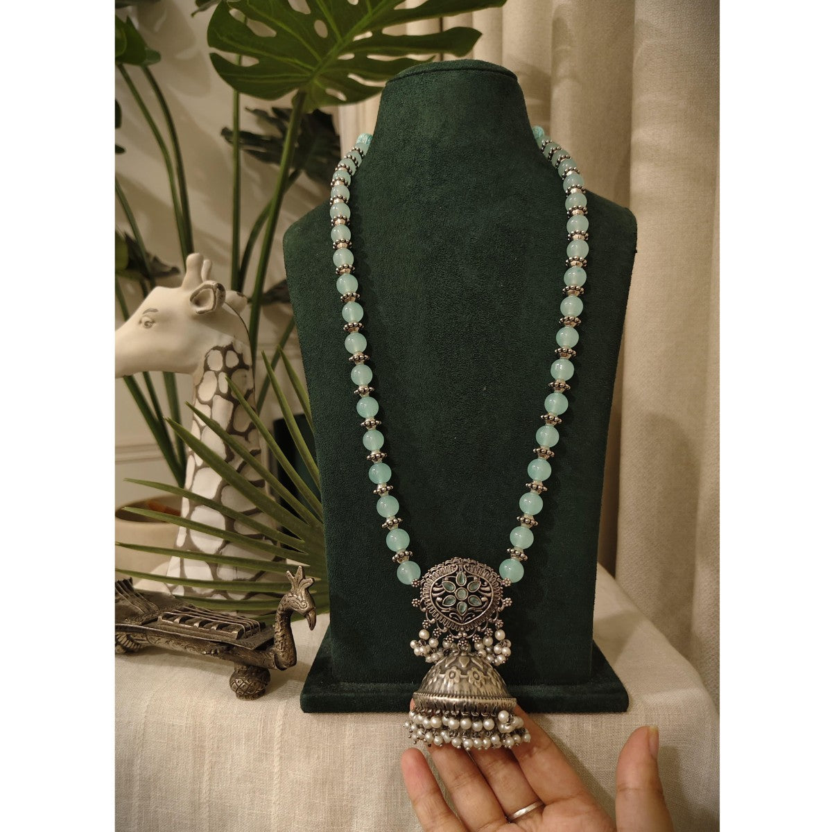 Tribal Tales Mint Green Beads Jhumka Pendant Necklace