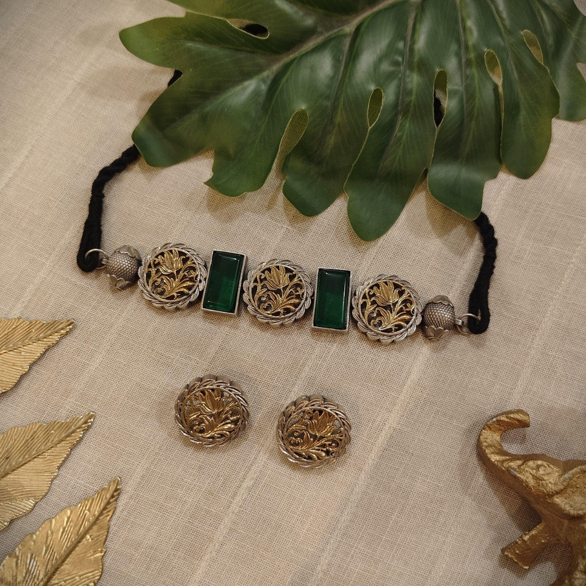 Tribal Tales Floral Oxidized Dual Toned Polish Choker Set