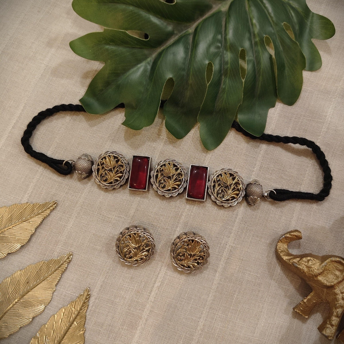 Tribal Tales Floral Oxidized Dual Toned Polish Choker Set