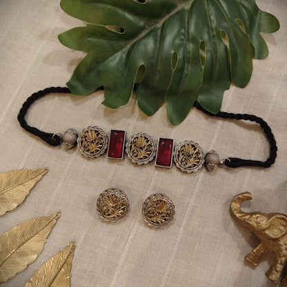 Tribal Tales Floral Oxidized Dual Toned Polish Choker Set