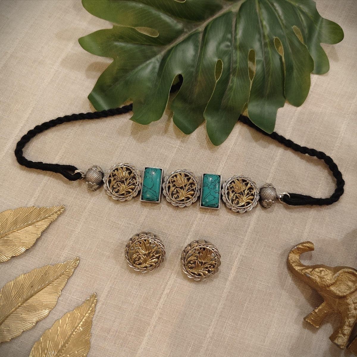 Tribal Tales Floral Oxidized Dual Toned Polish Choker Set
