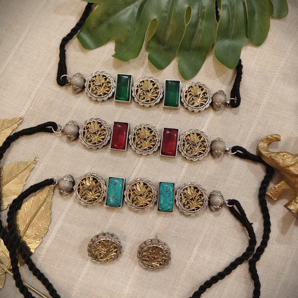Tribal Tales Floral Oxidized Dual Toned Polish Choker Set
