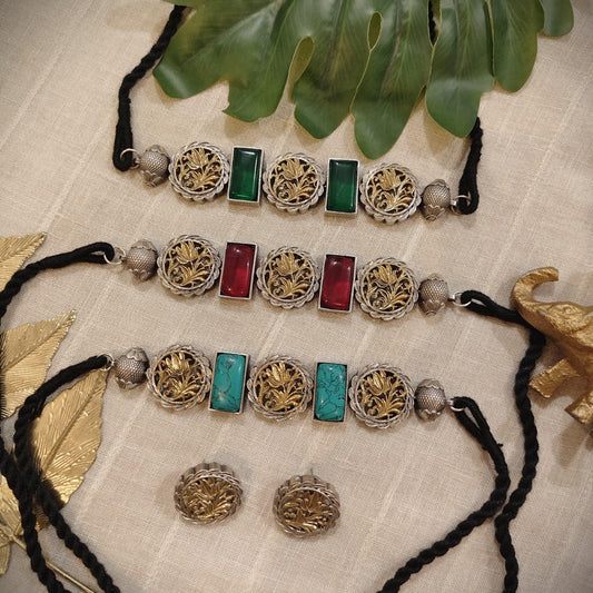 Tribal Tales Floral Oxidized Dual Toned Polish Choker Set