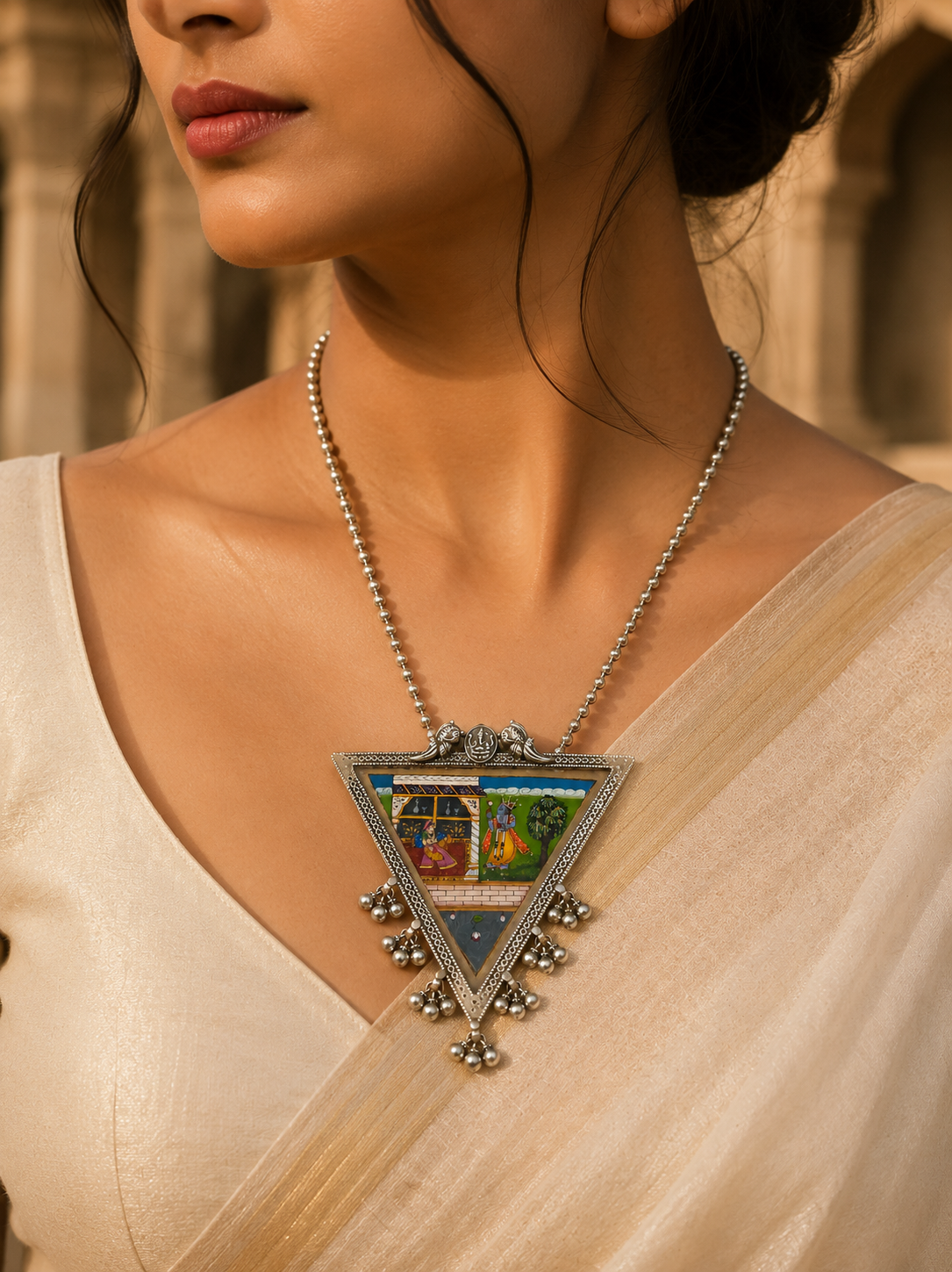 Radha Krishna Triangular Silver Miniature Pendant